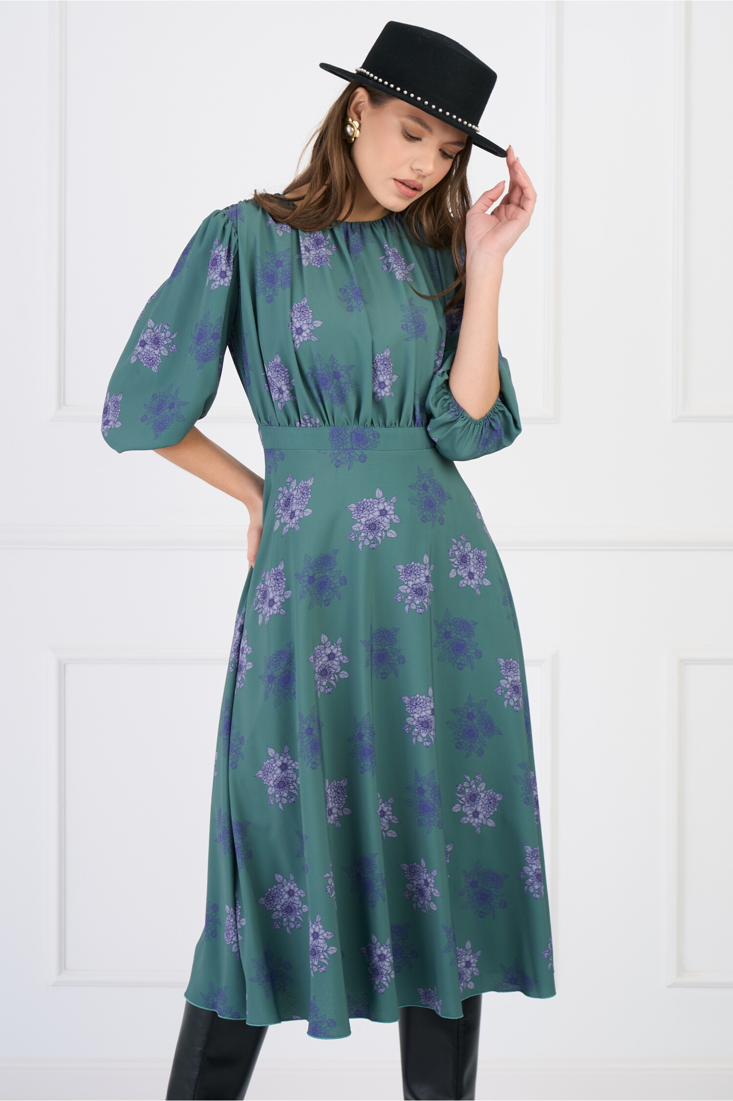 Rochie DY Fashion din voal verde cu imprimeu florl mov