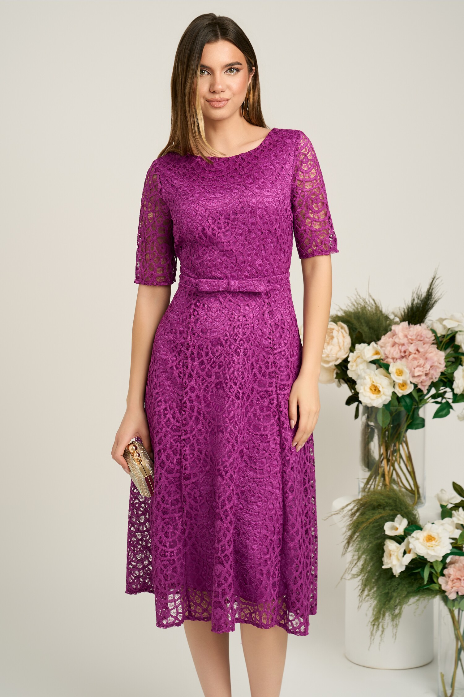 Rochie DY Fashion eleganta din dantela magenta cu maneci scurte