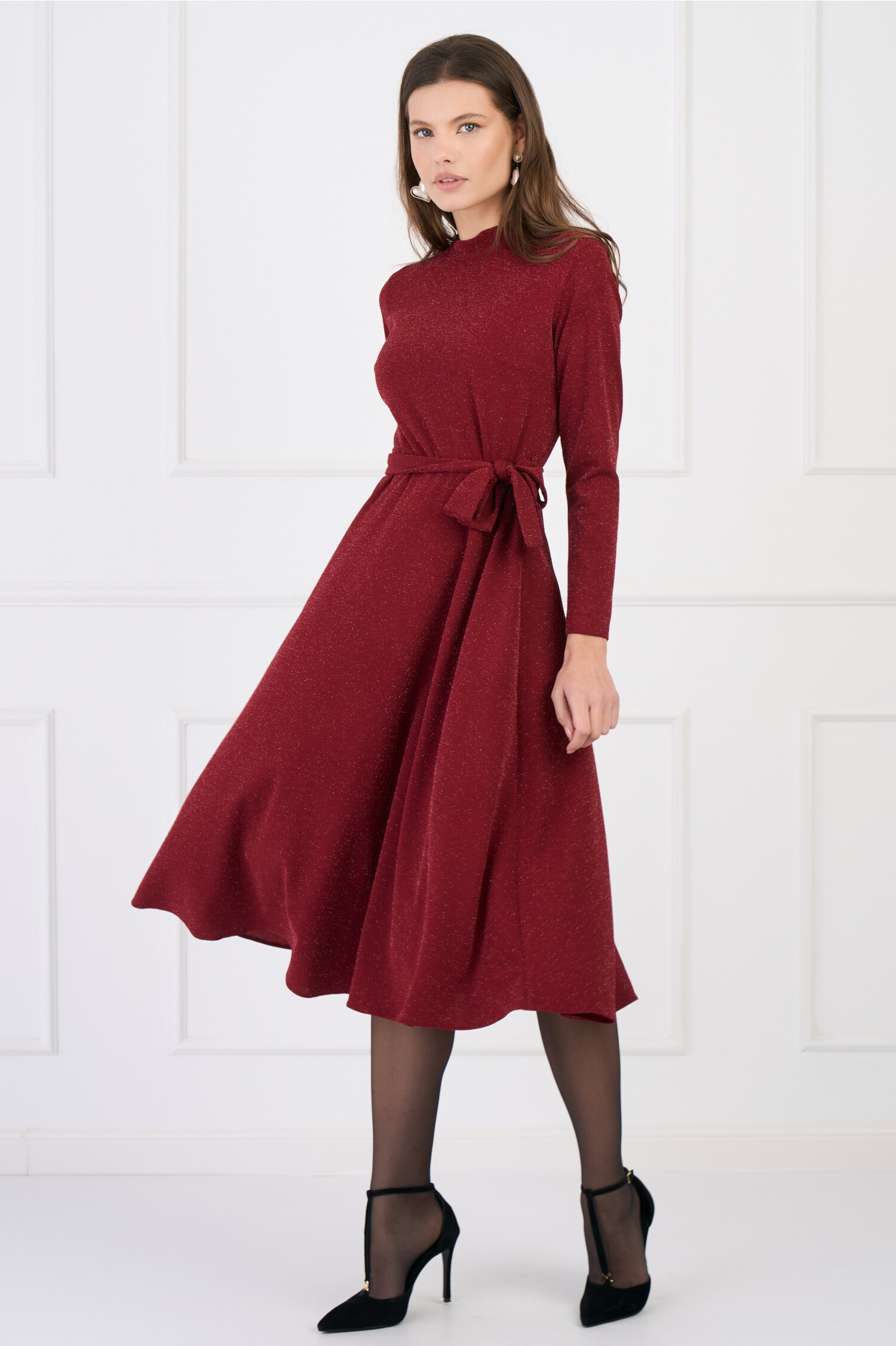 Rochie DY Fashion eleganta din lurex bordo cu cordon in talie