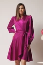 Rochie DY Fashion eleganta din satin magenta cu croi petrecut si cordon in talie