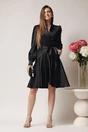 Rochie DY Fashion eleganta din satin neagra cu croi petrecut si cordon in talie