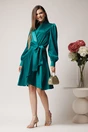 Rochie DY Fashion eleganta din satin verde cu croi petrecut si cordon in talie