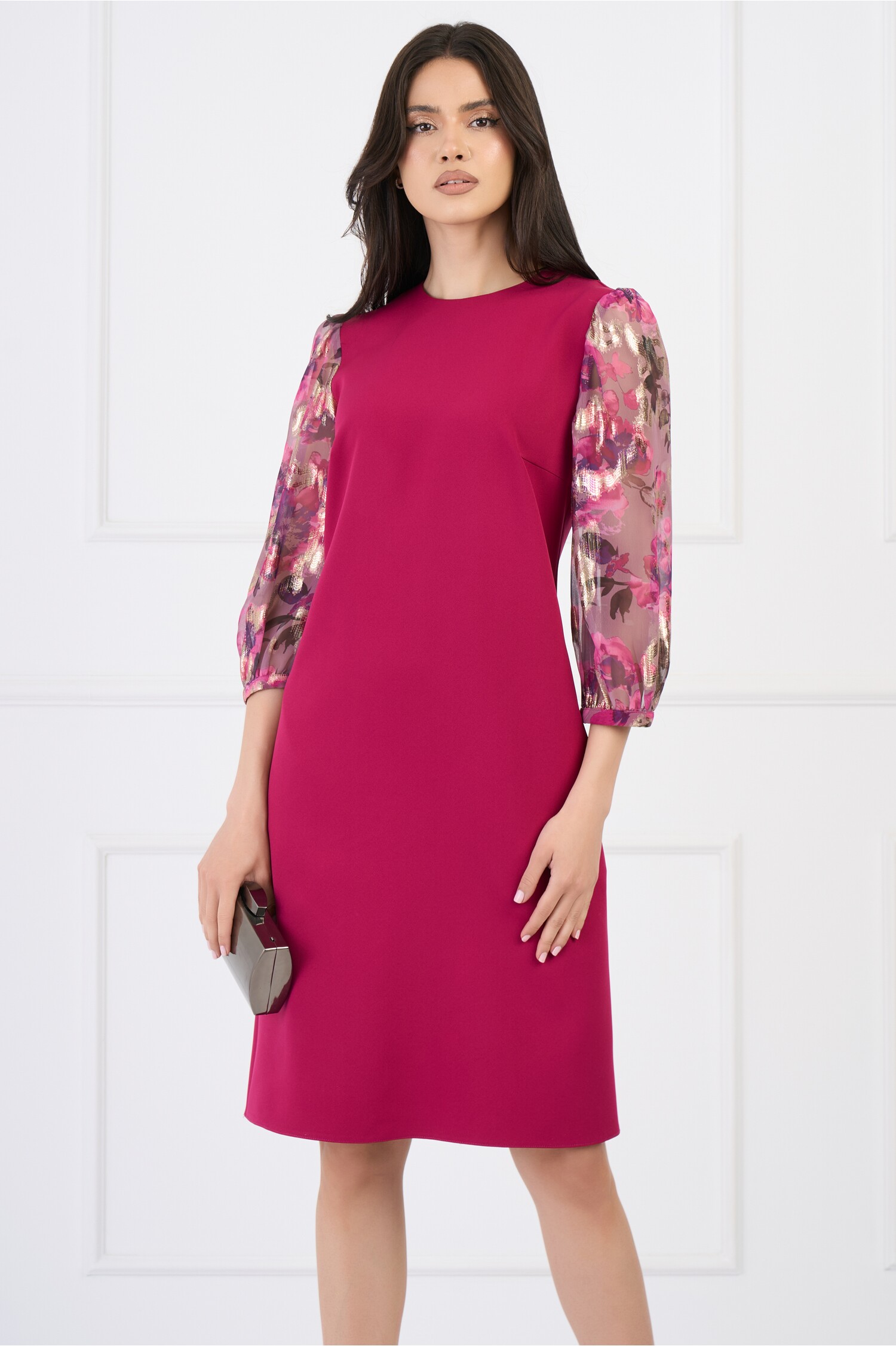 Rochie DY Fashion eleganta din stofa magenta cu maneci din voal cu print roz