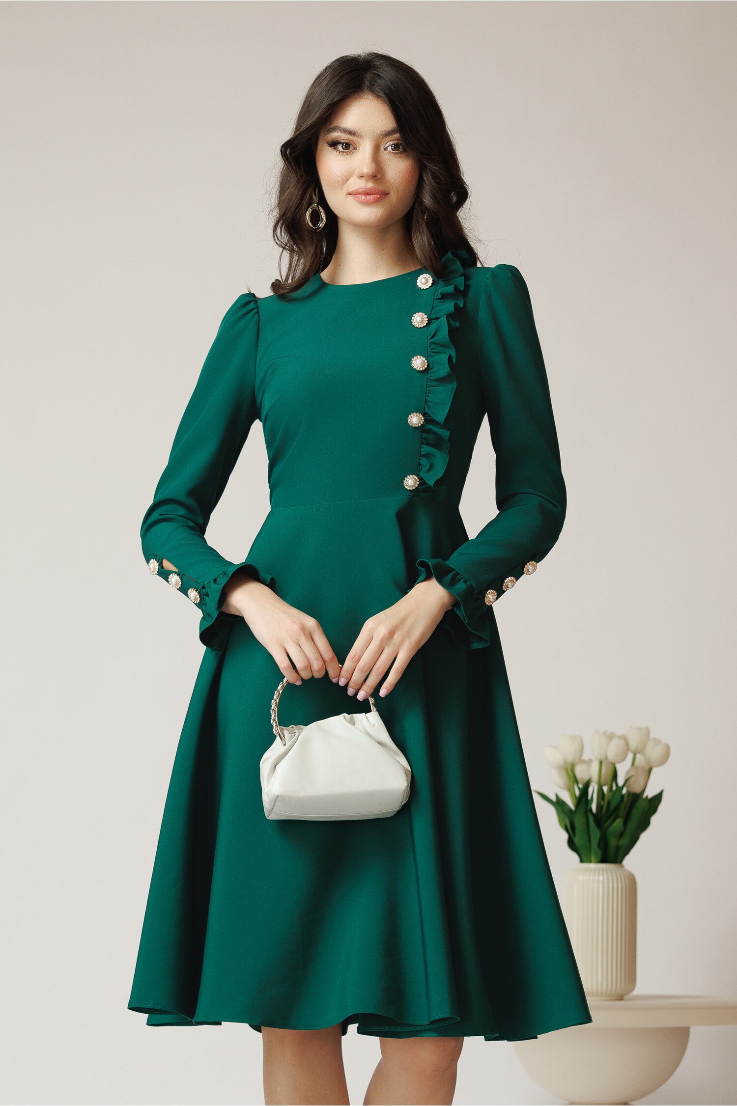 Rochie DY Fashion eleganta din stofa verde cu nasturi si volanase