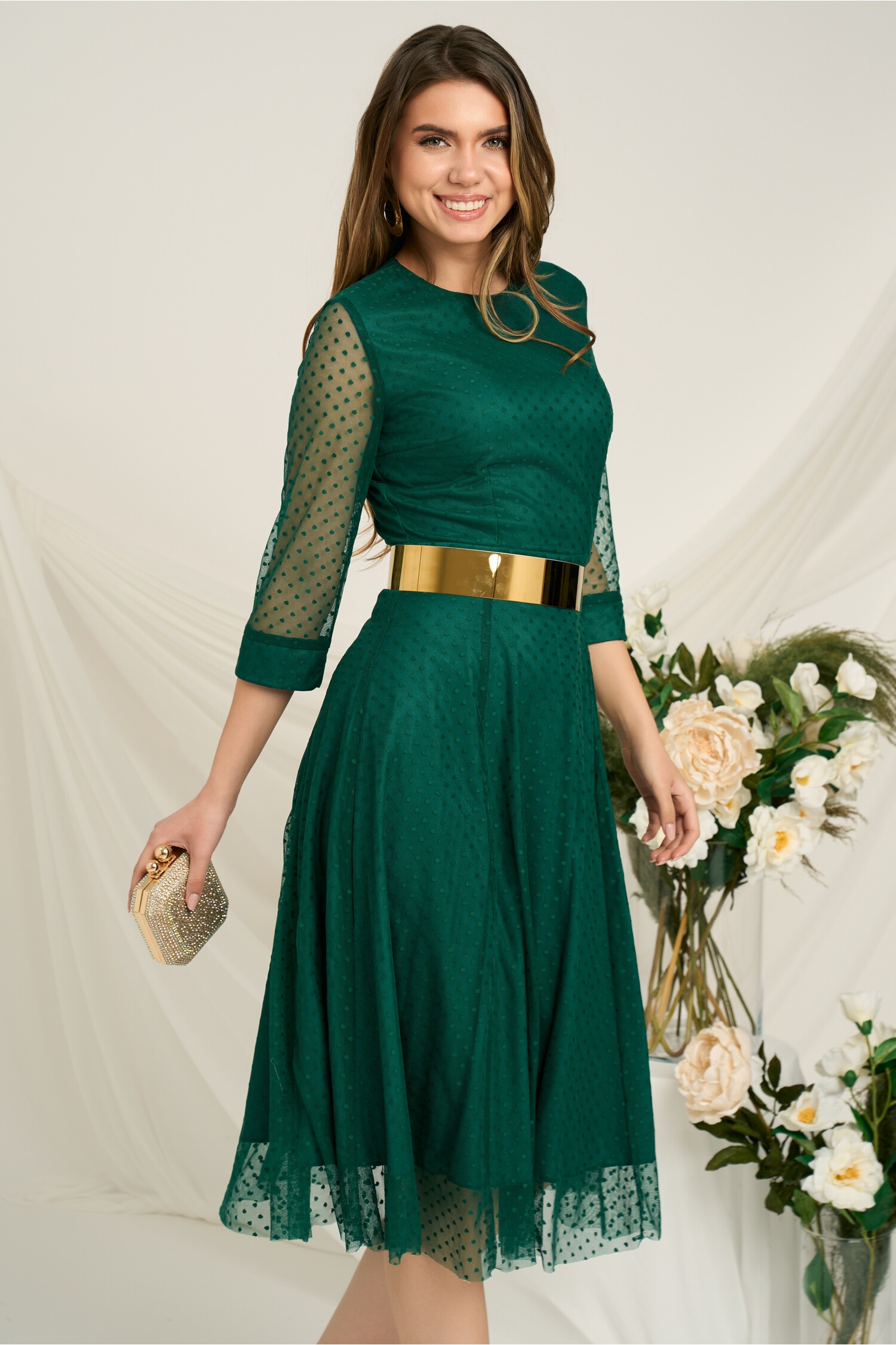 Rochie DY Fashion eleganta din tull cu buline catifelate verde