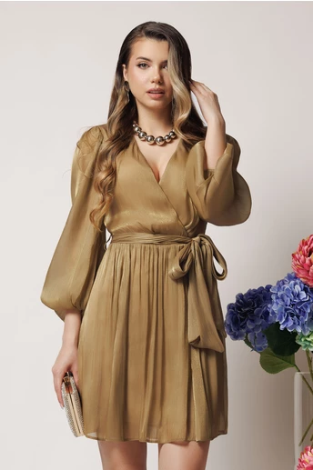 Rochie DY Fashion eleganta din voal bej cu fir lurex si cordon in talie
