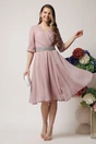 Rochie DY Fashion eleganta din voal roz prafuit cu fir stralucitor si cordon