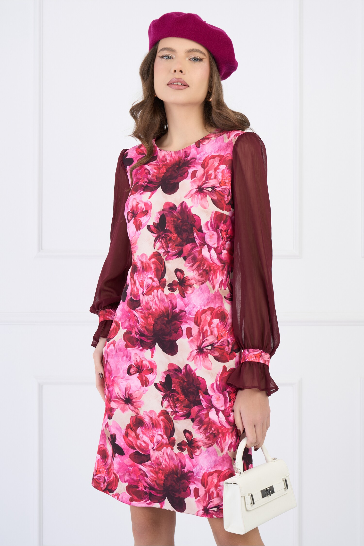 Rochie DY Fashion eleganta fucsia cu flori si maneci din voal bordo