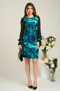 Rochie DY Fashion eleganta turcoaz cu imprimeu si maneci din voal negre