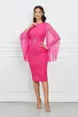 Rochie Dy Fashion fucsia cu maneci din voal evazate si catarama in talie