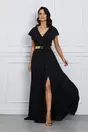 Rochie Dy Fashion Gaby lunga neagra cu volanase la decolteu si curea in talie