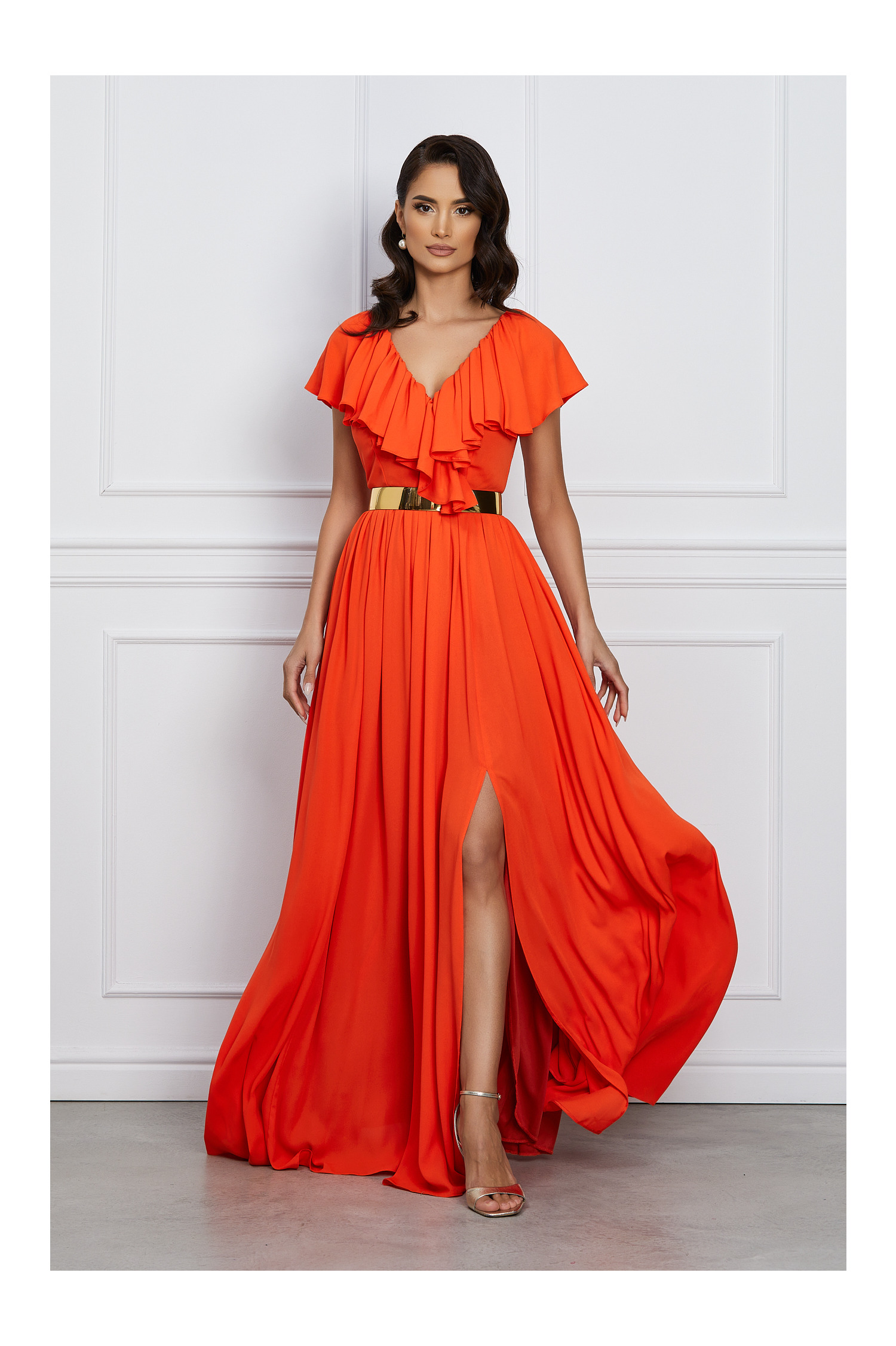 Rochie Gaby lunga orange cu volanase la decolteu si curea in talie - Rochii-Dama.ro