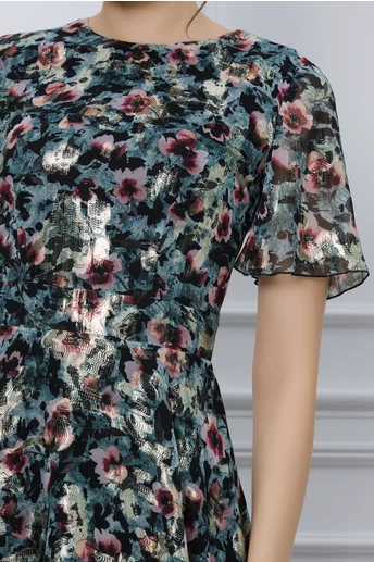 Rochie DY Fashion gri petrol cu imprimeuri florale si fir lurex