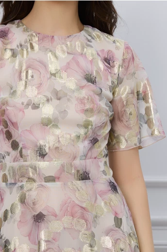 Rochie DY Fashion ivory cu imprimeuri florale roz si fir lurex
