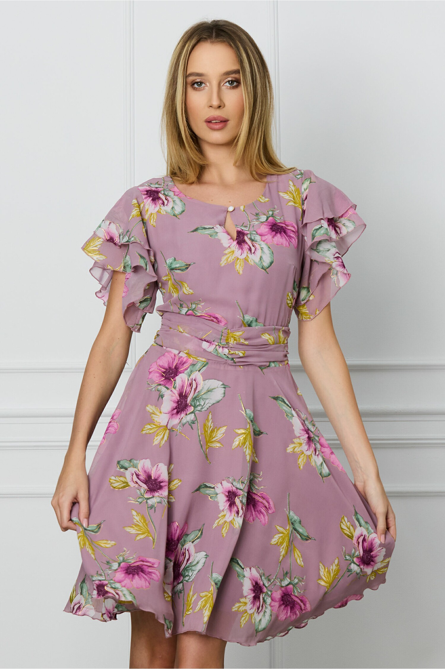 Rochie de ocazie lila cu imprimeuri florale roz