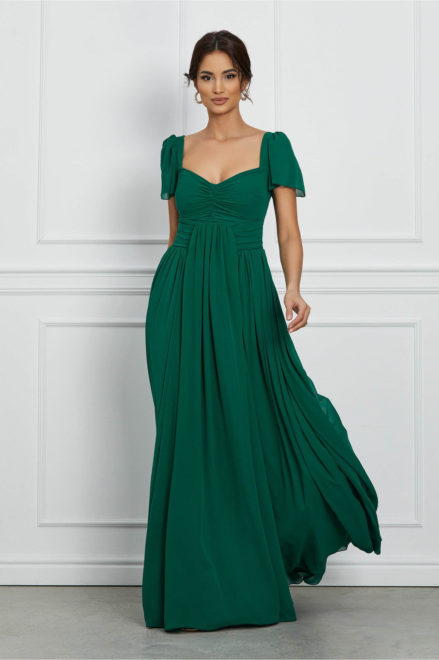 Rochie de ocazie lunga verde cu aplicatie in talie