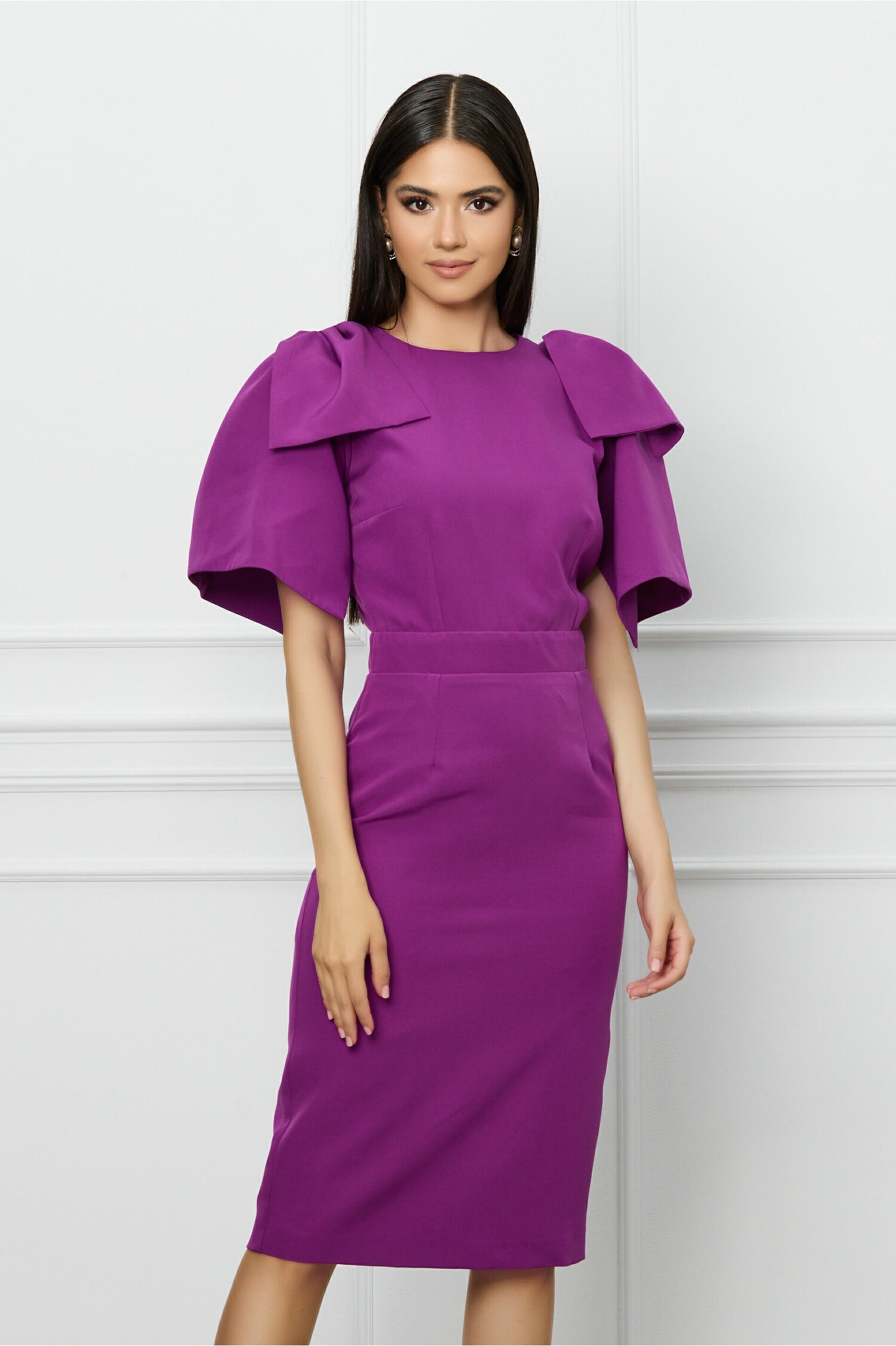 Rochie DY Fashion magenta cu funde pe umeri