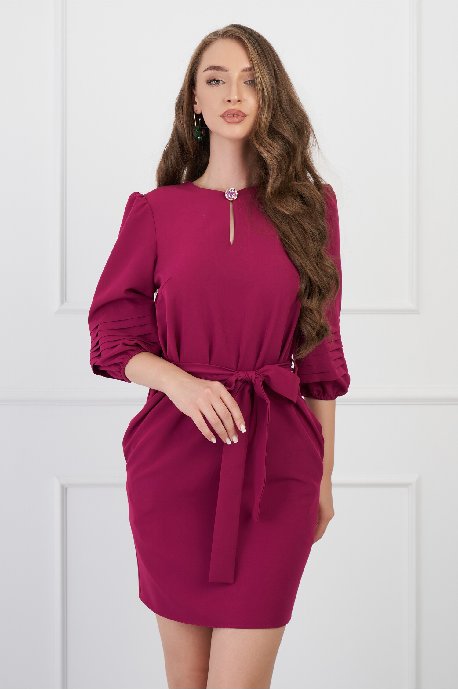 Rochie DY Fashion magenta cu maneci bufante si cordon in talie