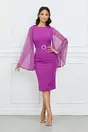 Rochie Dy Fashion magenta cu maneci din voal evazate si catarama in talie