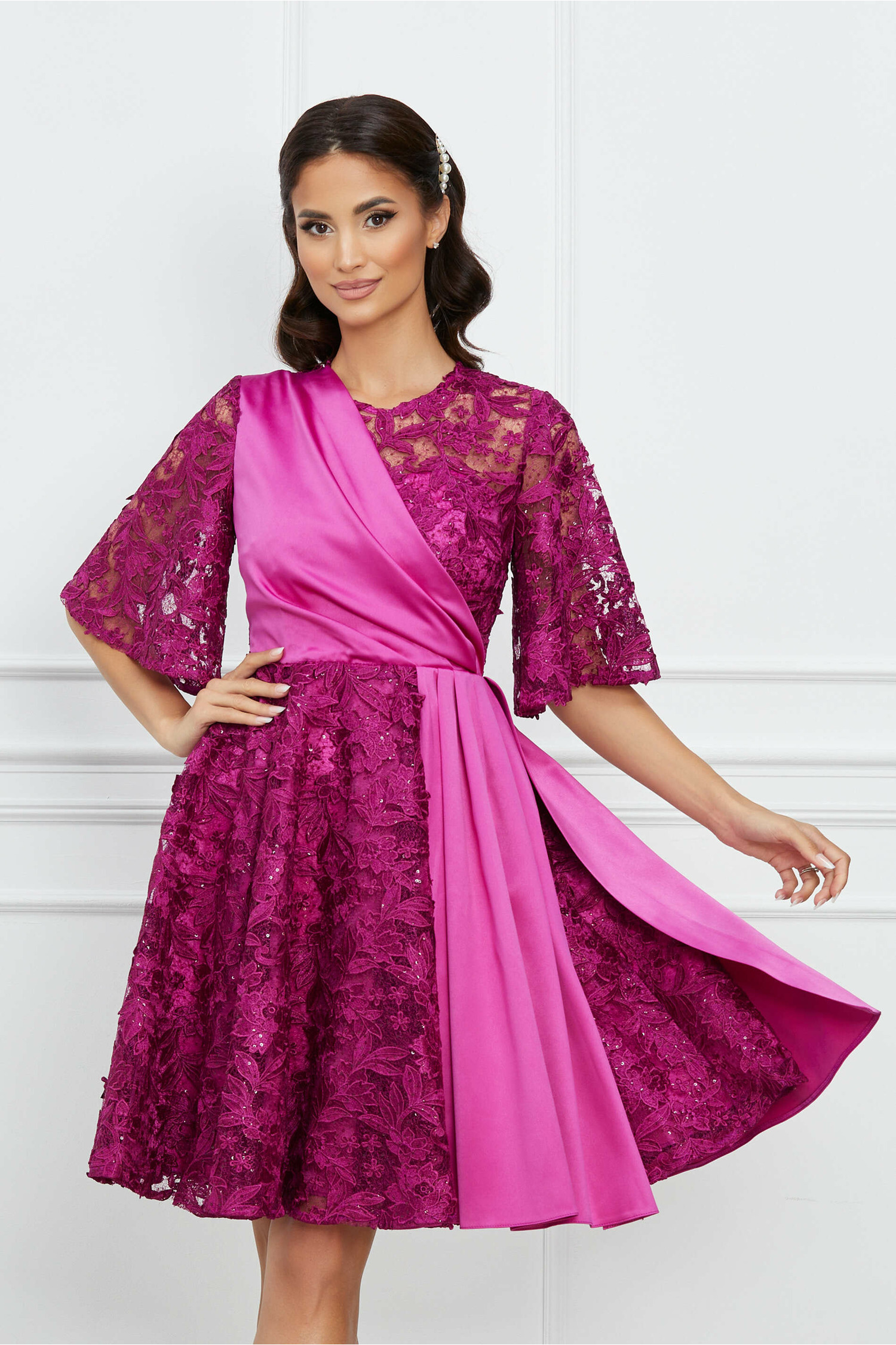 Rochie magenta din dantela si tafta - Rochii-Dama.ro