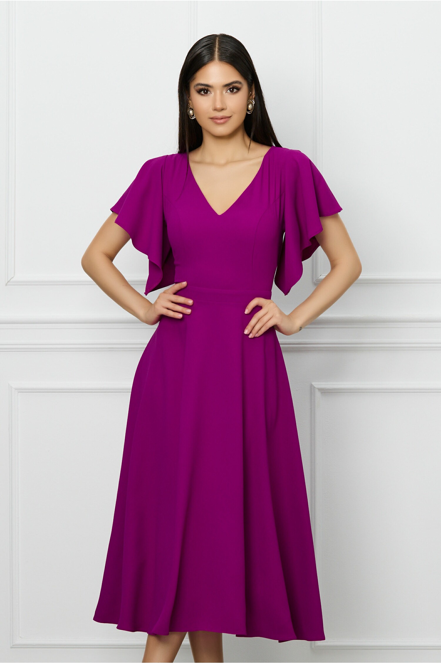 Rochie magenta din voal cu maneci scurte