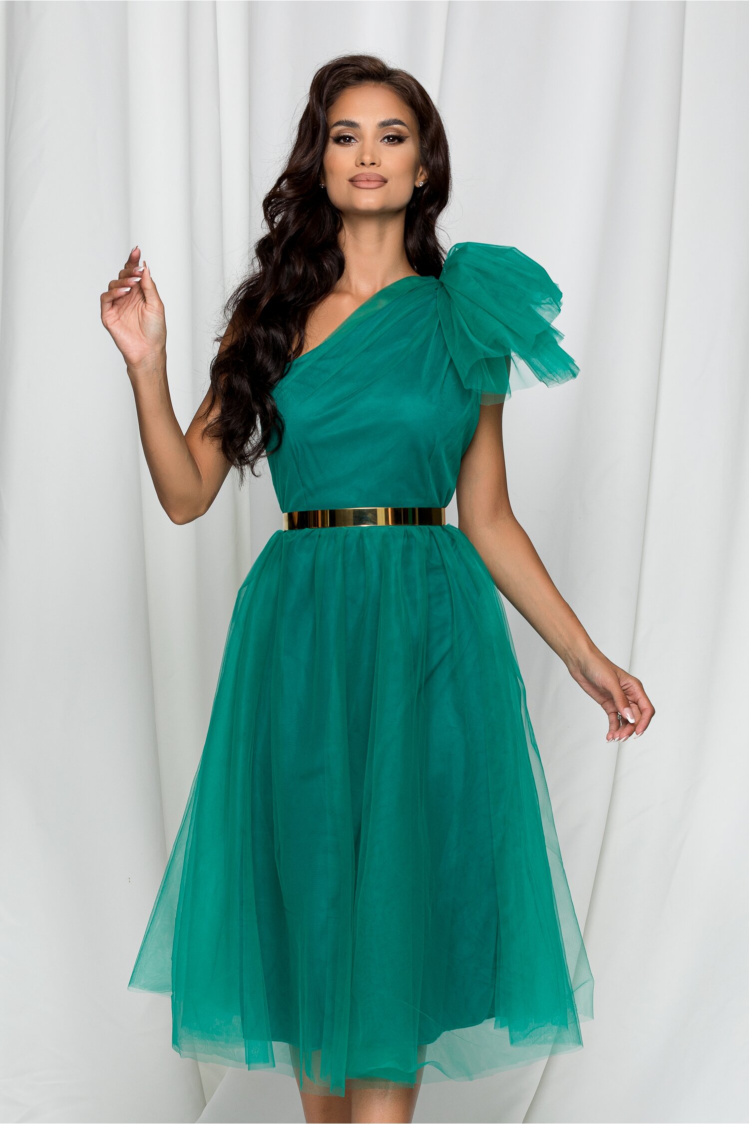 Rochie DY Fashion Maia verde din tulle cu aplicatie la umar