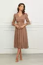 Rochie Dy Fashion maro din voal cu pene la maneci