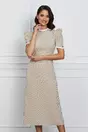 Rochie Dy Fashion midi bej cu buline si umeri bufanti