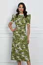 Rochie Dy Fashion midi kaki cu imprimeu si umeri bufanti