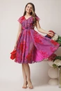 Rochie DY Fashion mov din voal cu imprimeu fucsia si cordon in talie