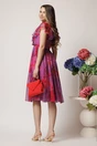 Rochie DY Fashion mov din voal cu imprimeu fucsia si cordon in talie