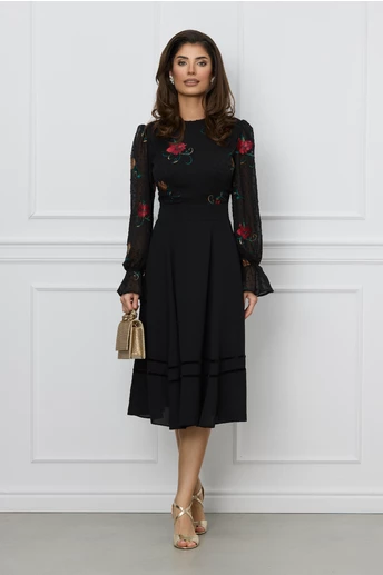 Rochie Dy Fashion neagra cu broderie florala rosie la bust