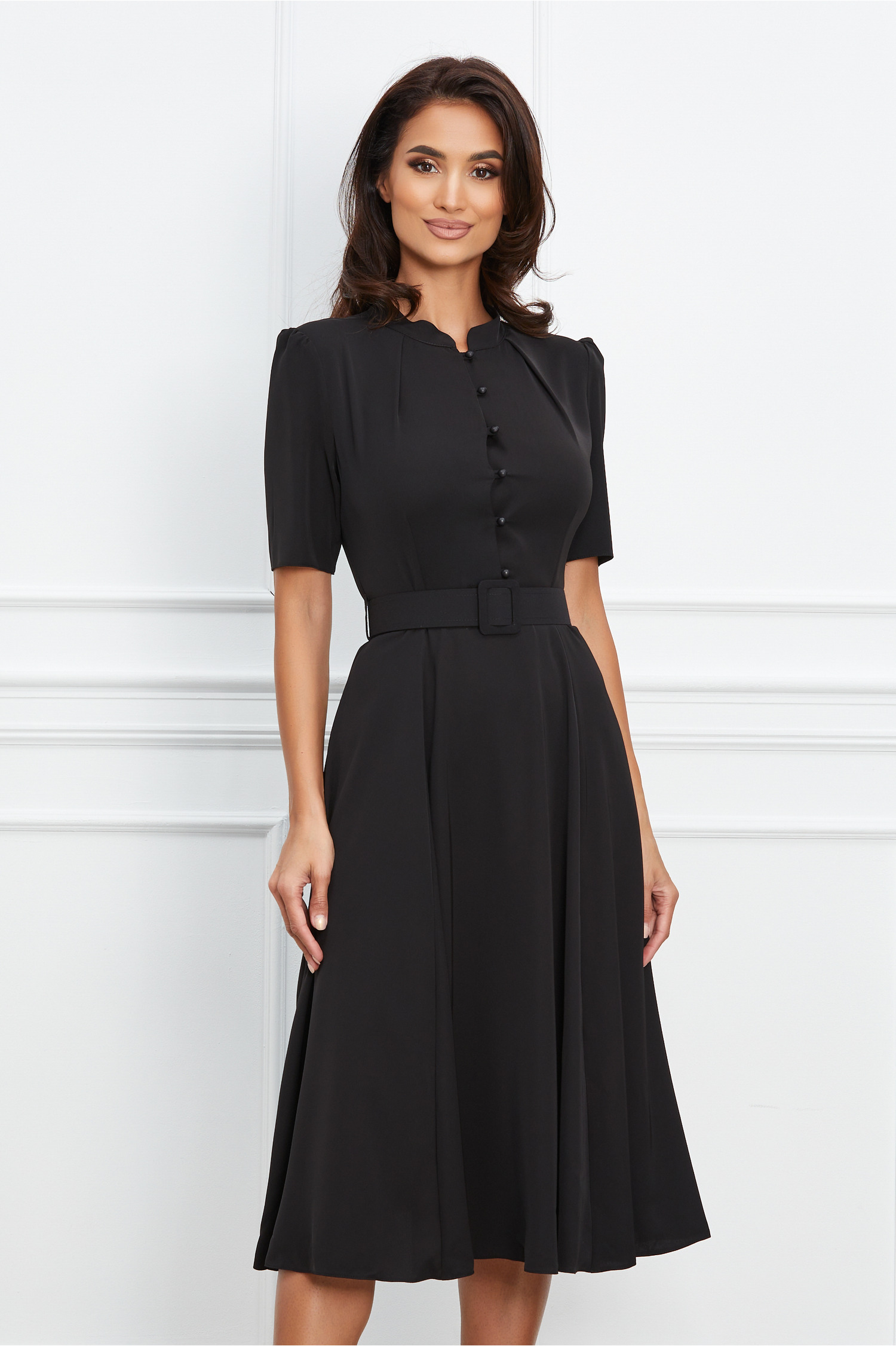 Rochie office neagra cu nasturi la bust si curea in talie