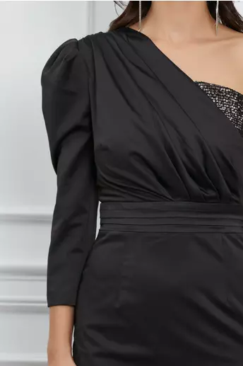 Rochie Dy Fashion neagra cu paiete la bust si o maneca trei sferturi