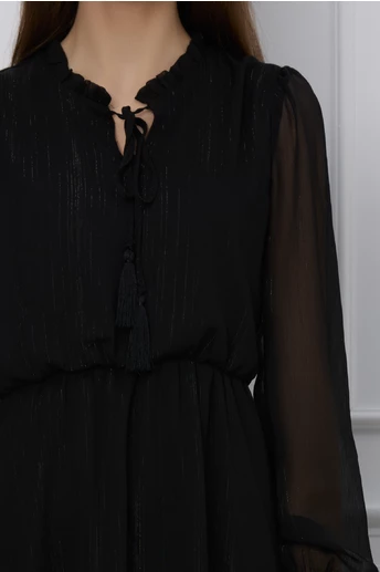 Rochie Dy Fashion neagra din voal cu fir lurex si ciucuri la guler