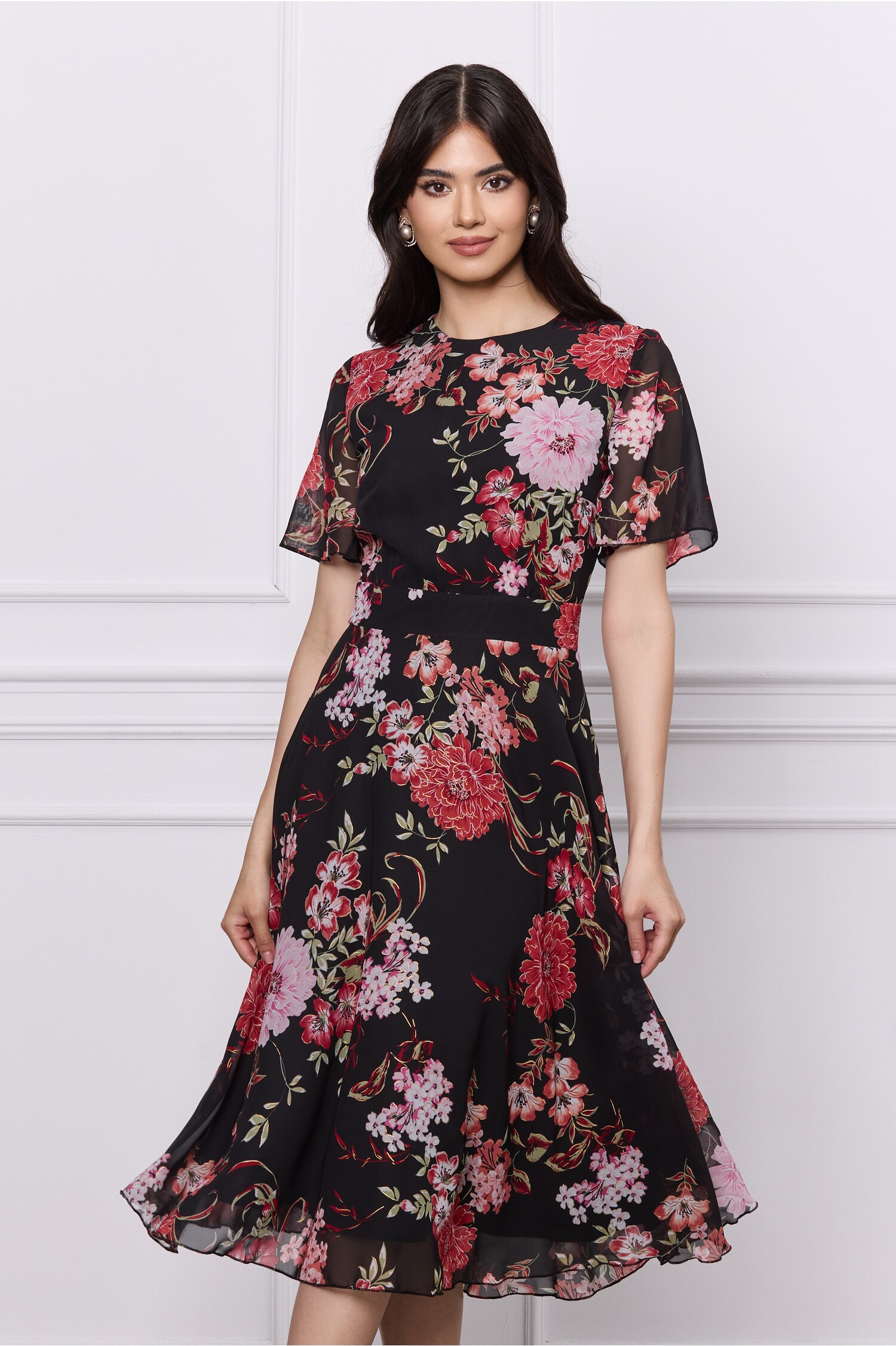 Rochie DY Fashion neagra din voal cu imprimeuri florale rosii