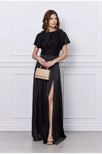 Rochie DY Fashion neagra lunga cu bust din fir lurex si crepeu maxi