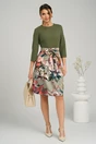 Rochie DY Fashion office cu bust din crep uni si fusta kaki cu flori