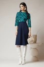 Rochie DY Fashion office cu fusta din stofa bleumarin si bust din jerse cu buline turcoaz