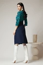 Rochie DY Fashion office cu fusta din stofa bleumarin si bust din jerse cu buline turcoaz