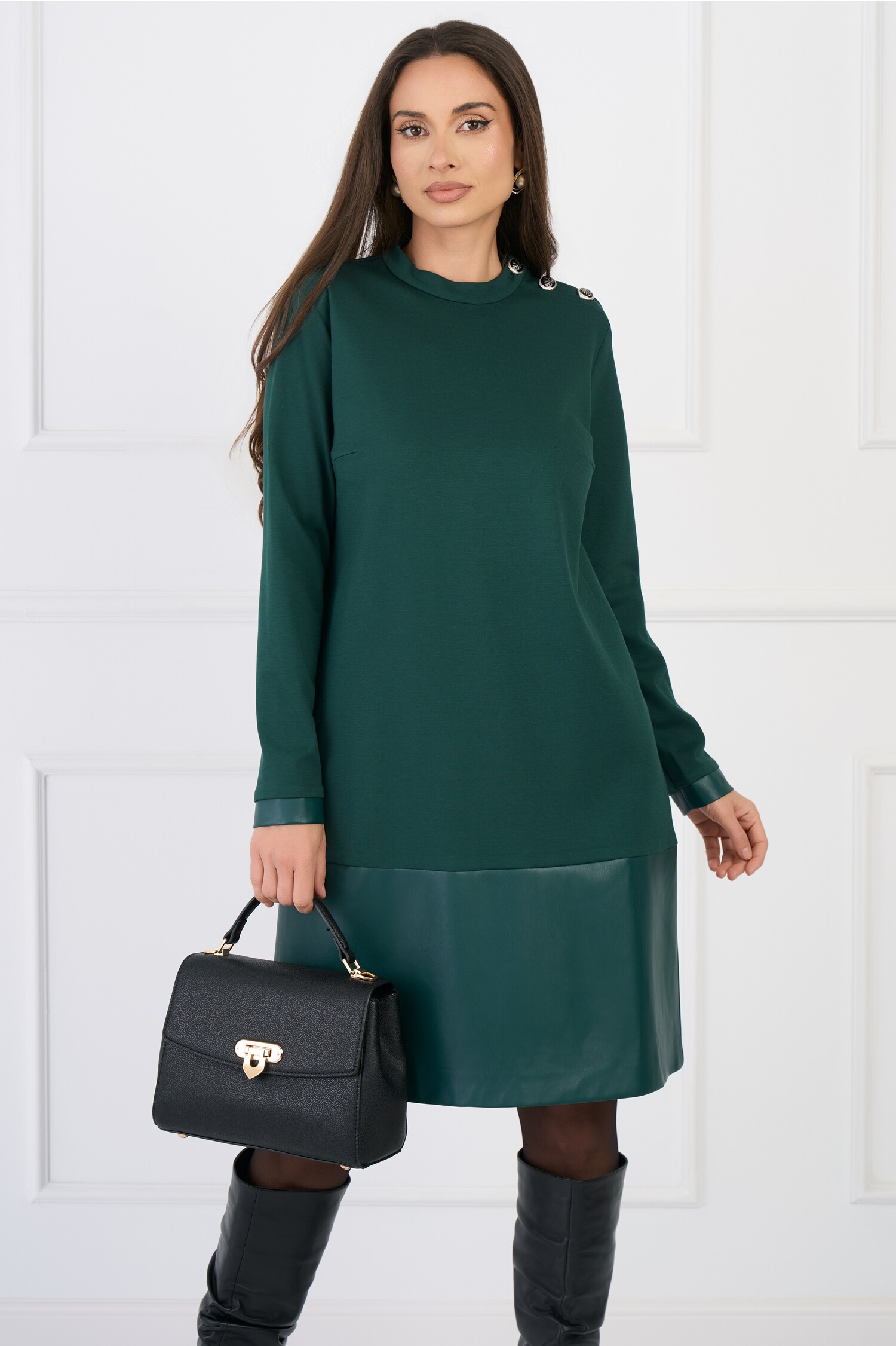 Rochie DY Fashion office din jerse verde cu insertie din piele ecologica la baza