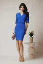 Rochie DY Fashion office din stofa albastra cu funda in talie