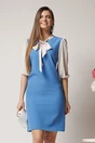 Rochie DY Fashion office din stofa albastra cu maneci si guler din voal bej