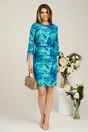 Rochie DY Fashion office din stofa albastra cu print verde si banda decorativa in talie
