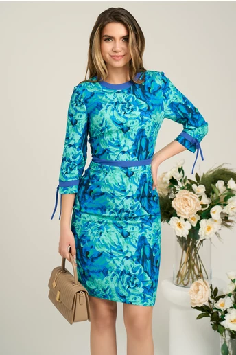 Rochie DY Fashion office din stofa albastra cu print verde si banda decorativa in talie