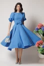 Rochie DY Fashion office din stofa bleu cu funda in talie