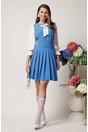 Rochie DY Fashion office din stofa bleu cu maneci din voal si funda pe bust
