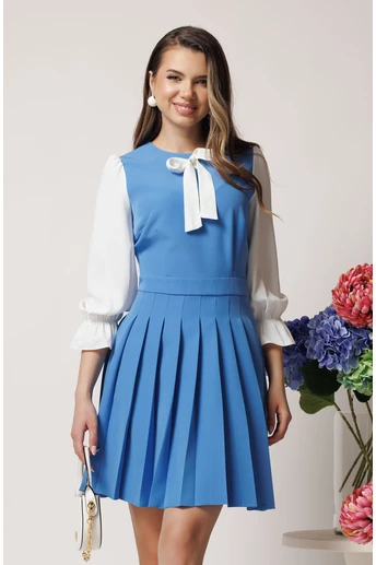 Rochie DY Fashion office din stofa bleu cu maneci din voal si funda pe bust