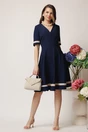 Rochie DY Fashion office din stofa bleumarin cu benzi bej