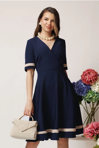 Rochie DY Fashion office din stofa bleumarin cu benzi bej
